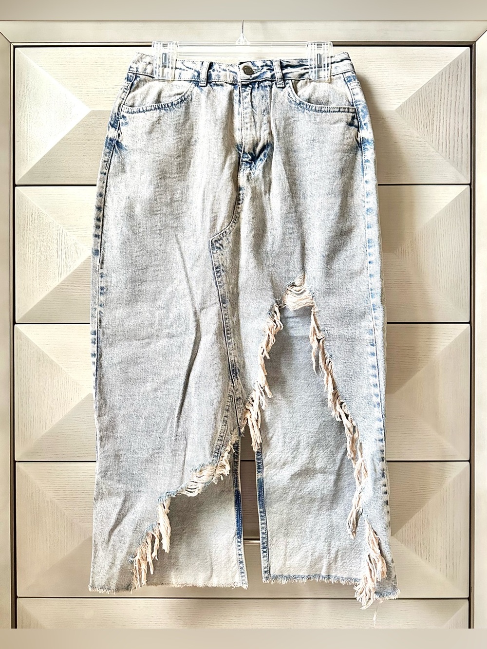 PrettyLittleThing Asymmetrical Denim Ripped Hem Midi Skirt - Size 6